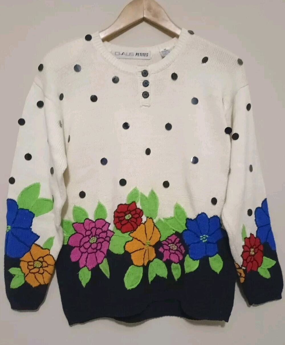 VTG Chaus Petites Ivory Floral Print Beaded Pullover Knit Sweater M